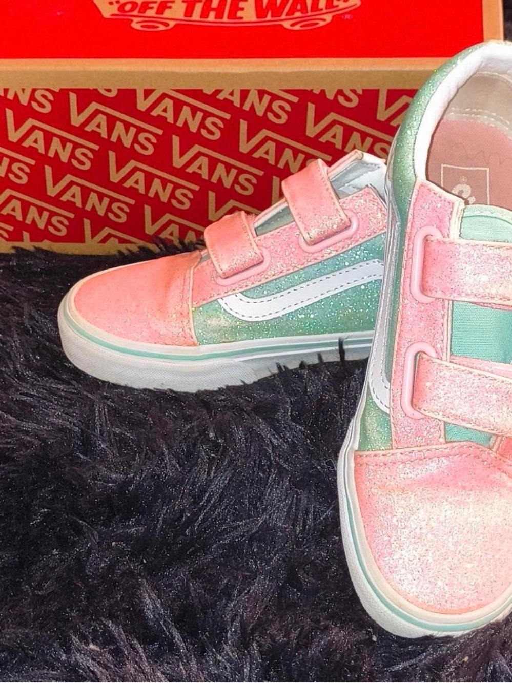 Vans Kids Pink and Green Glitter Velcro Sneakers